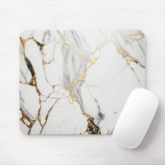 Elegant abstract black and white gold marble stone mouse mat (With Mouse)