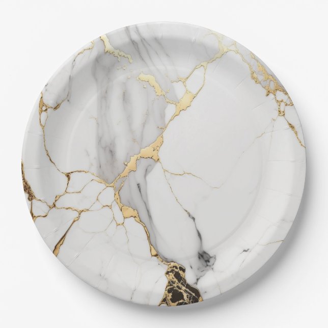 Elegant abstract black and white gold marble stone paper plate (Front)