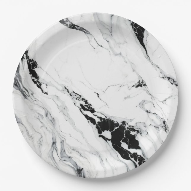 Elegant abstract black and white marble stone paper plate (Front)