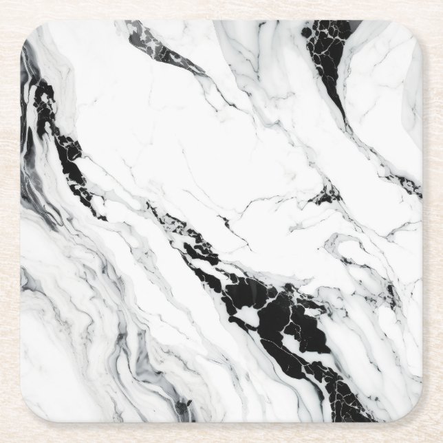 Elegant abstract black and white marble stone square paper coaster (Front)