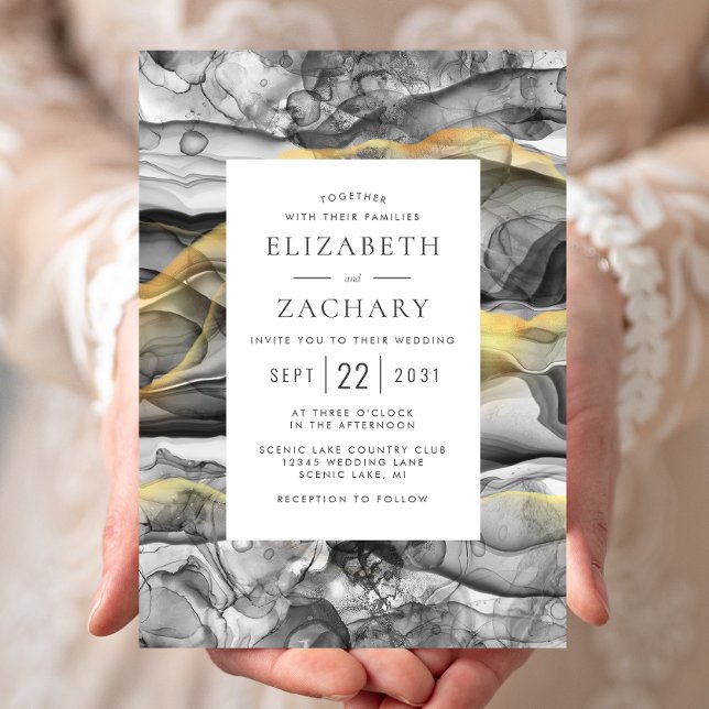 Elegant Abstract Black Grey Gold Wedding Invitation (Creator Uploaded)