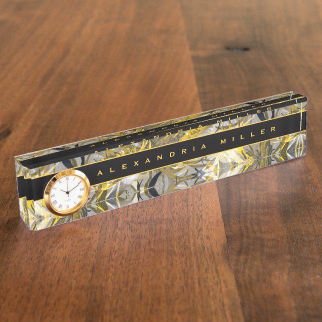 Elegant Abstract Black & Yellow Floral | Clock Nameplate (Side)