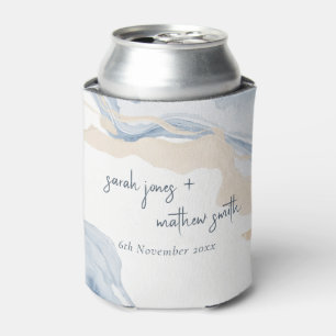 Elegant Abstract Blue Beige Coastal Beach Wedding Can Cooler