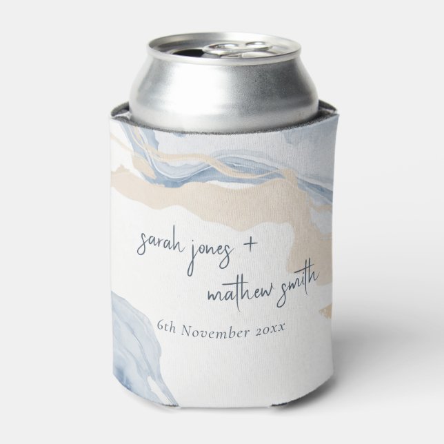 Elegant Abstract Blue Beige Coastal Beach Wedding Can Cooler (Can Front)