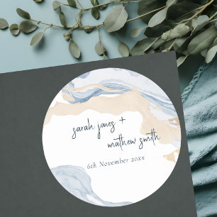 Elegant Abstract Blue Beige Coastal Beach Wedding Classic Round Sticker