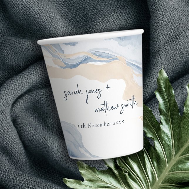 Elegant Abstract Blue Beige Coastal Beach Wedding Paper Cups (Creator Uploaded)