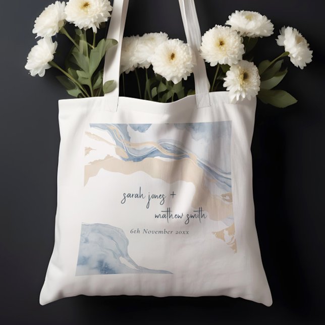 Elegant Abstract Blue Beige Coastal Beach Wedding Tote Bag (Creator Uploaded)