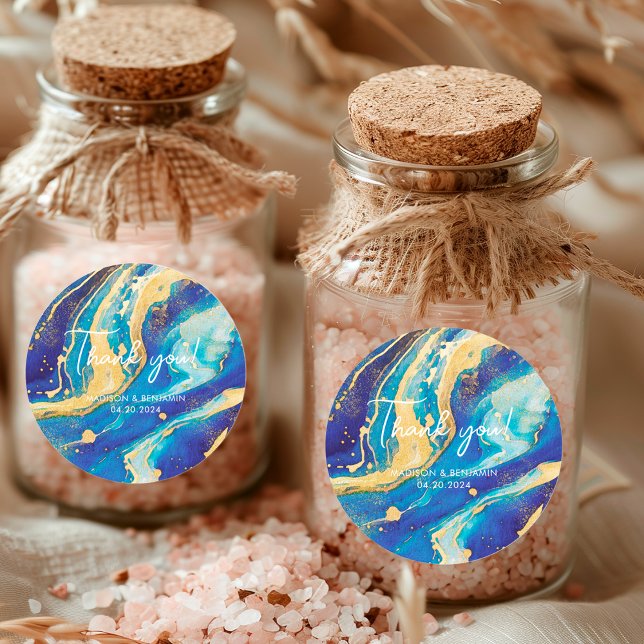 Elegant Abstract Blue Gold Colourful Thank You Gif Classic Round Sticker (Creator Uploaded)