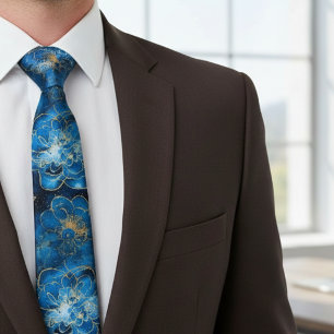 Elegant Abstract Blue & Gold Floral Tie