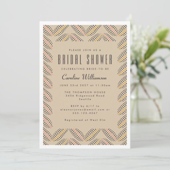 Elegant Abstract Dots Beige Black Bridal Shower Invitation (Standing Front)