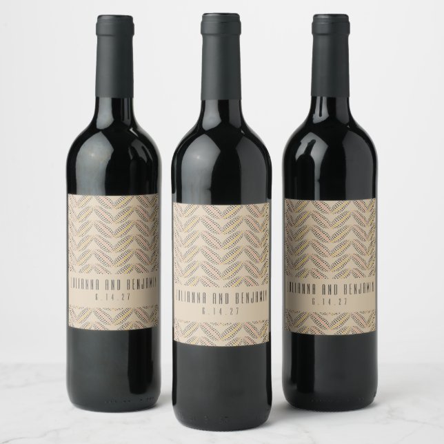 Elegant Abstract Dots Pattern Beige Custom Wedding Wine Label (Bottles)