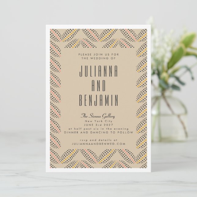 Elegant Abstract Dots Pattern Sand Black Wedding  Invitation (Standing Front)