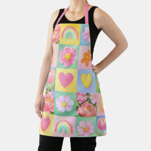 Elegant Abstract Floral Checkerboard Pattern Apron