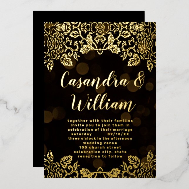 Elegant Abstract Floral Gold Wedding    Foil Invit (Front/Back)