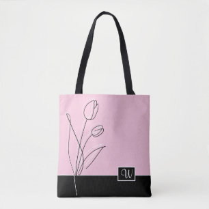 Elegant Abstract Floral Line Art Monogram  Tote Bag
