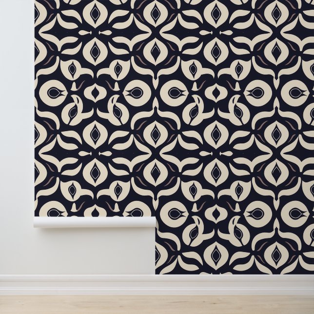 Elegant Abstract Floral Pattern in Black and Cream Wallpaper (Application)