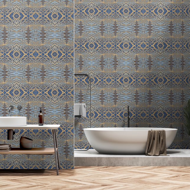    Elegant Abstract Geometric Modern Blue And Gold Wallpaper (Bathroom)