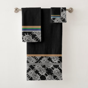 Elegant Abstract Geometric Pattern Black Bath Towel Set