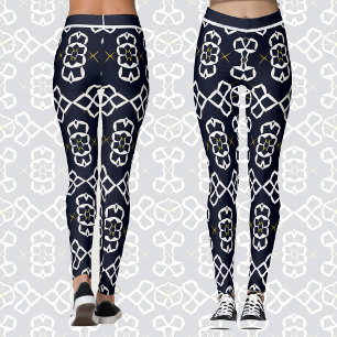 Elegant Abstract Geometric Pattern in Navy Blue Leggings