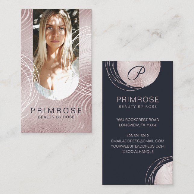 Elegant Abstract Glam Rose Gold Monogram Photo Business Card (Front/Back)