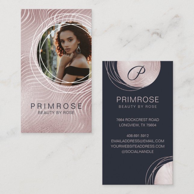 Elegant Abstract Glam Rose Gold Monogram Photo Business Card (Front/Back)