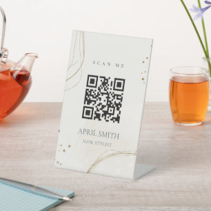 Elegant Abstract Glitter Ivory Gold QR Code Pedestal Sign