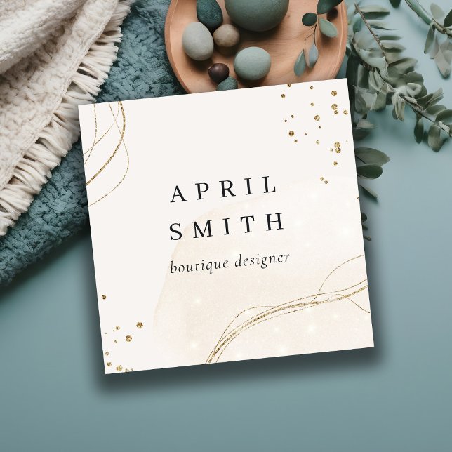 Elegant Abstract Glitter Ivory Gold QR Code Square Business Card (Creator Uploaded)