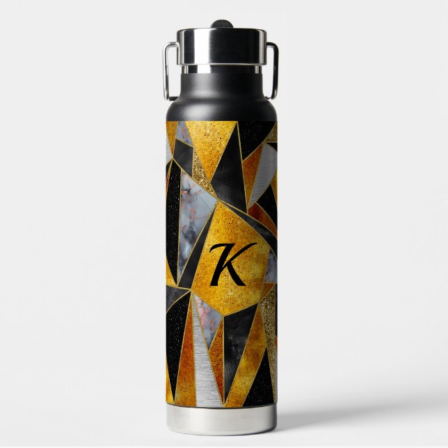 Elegant abstract gold black geometric water bottle (Front)
