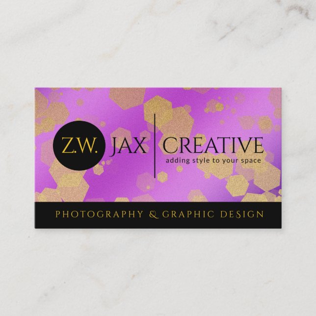 Elegant Abstract Gold Confetti on Purple Business Card (Front)