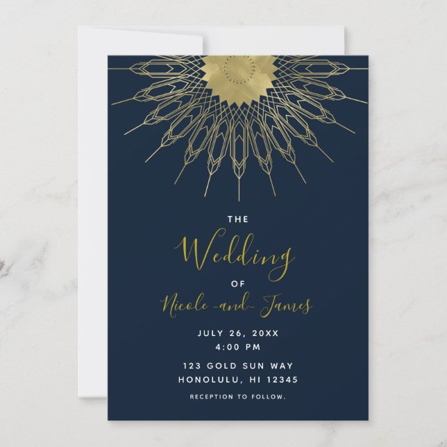 Elegant Abstract Gold Sun Mandala Blue Wedding  Invitation (Front)