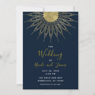 Elegant Abstract Gold Sun Mandala Blue Wedding  Invitation