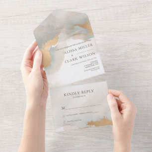 Elegant Abstract Gold Watercolor Painterly Wedding All In One Invitation