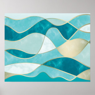 Elegant Abstract Gold Waves & Teal Marble Grunge   Poster