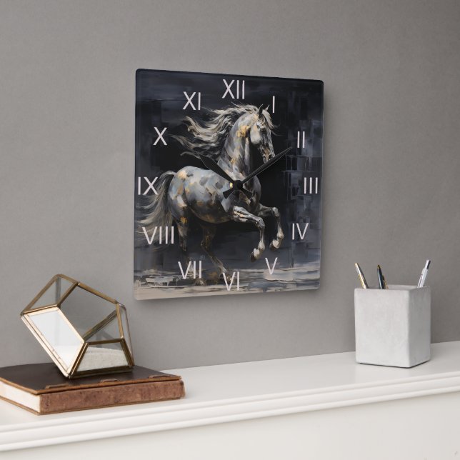 Elegant Abstract Grey with Gold Baroque Horse Square Wall Clock (Office)