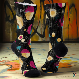 Elegant Abstract in Gold, Magenta, Teal on Black  Socks