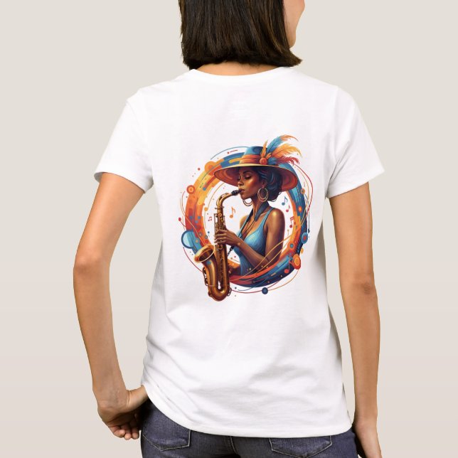 Elegant Abstract Jazz Woman Saxophone Art T-Shirt (Back)