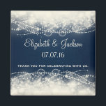 Elegant Abstract Lace and Pearls Wedding Favour Magnet<br><div class="desc">A fancy elegant abstract design with cream coloured lace and pearls made with circles and bubbles. The background is dark blue with faded squares off to the side. Pretty and delicate design. Customise / personalise with the groom and brides name and wedding date, with text that reads" thank you for...</div>