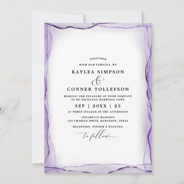 Elegant Abstract Lavender Wedding Watercolor Invitation (Front)