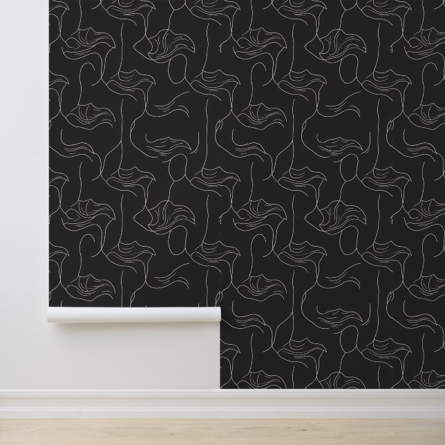 Elegant Abstract Line Art Pattern on Black Wallpaper (Application)