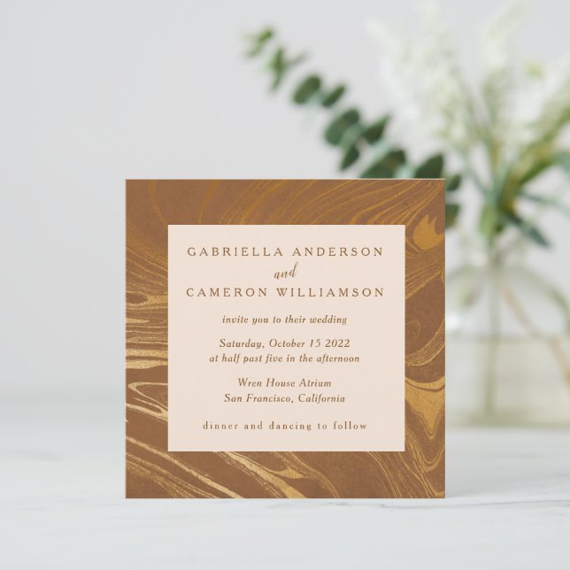 Elegant Abstract Marble Swirl Golden Brown Wedding Invitation (Standing Front)