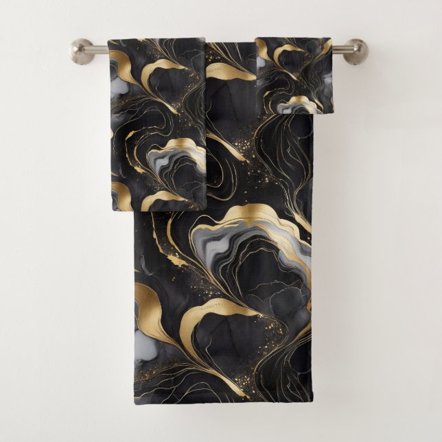 Elegant Abstract Marbleised Black, Gold, and White Bath Towel Set (Insitu)
