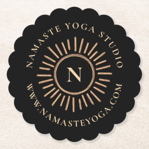 Elegant Abstract Monogram Black Yellow Gold Paper Coaster