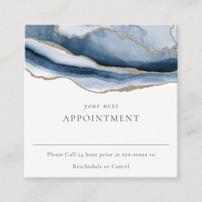 Elegant Abstract Navy Blue Agate Gold Appointment Square Business Card (Front)