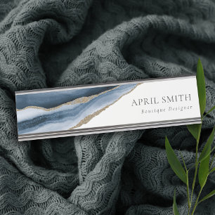 Elegant Abstract Navy Blue Agate Gold Watercolor Desk Name Plate