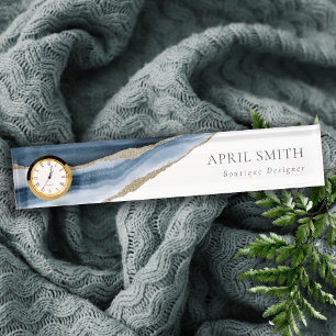 Elegant Abstract Navy Blue Agate Gold Watercolor Nameplate