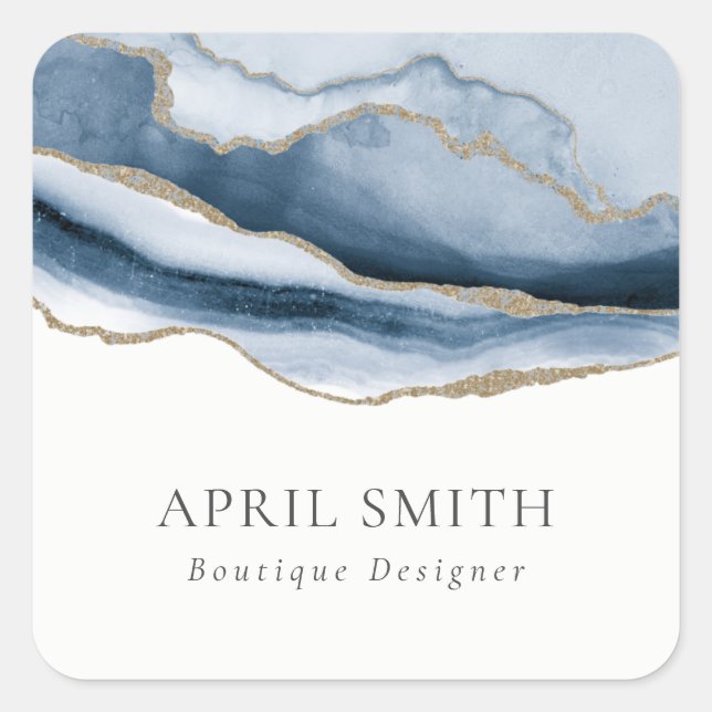 Elegant Abstract Navy Blue Agate Gold Watercolor Square Sticker (Front)