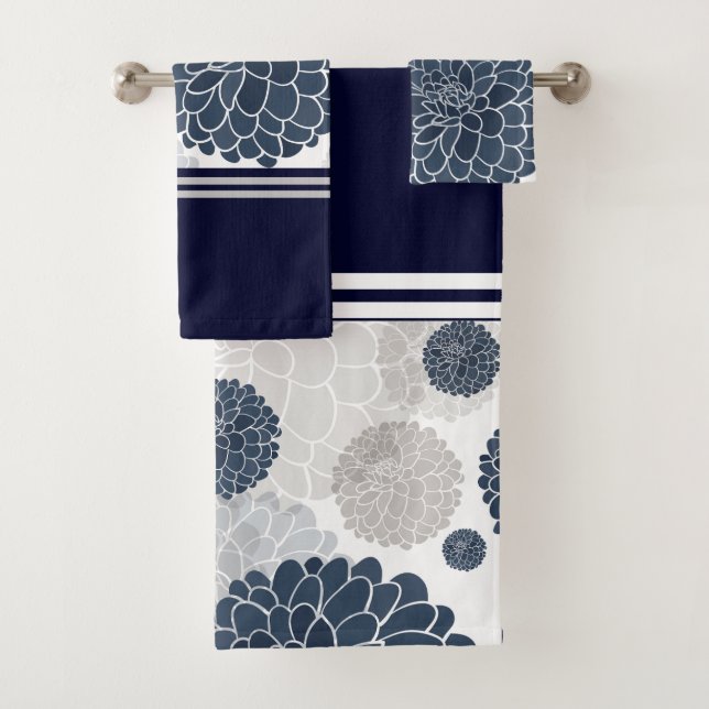 Elegant abstract navy blue dahlia flowers bath towel set (Insitu)