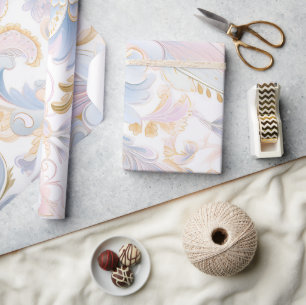 Elegant Abstract Pastel Paisley Gold Pink Blue Wrapping Paper