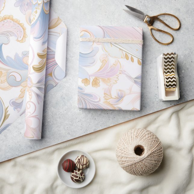 Elegant Abstract Pastel Paisley Gold Pink Blue Wrapping Paper (Crafts)