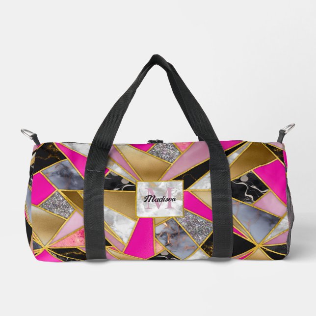 Elegant abstract pink black geometric duffle bag (Front)